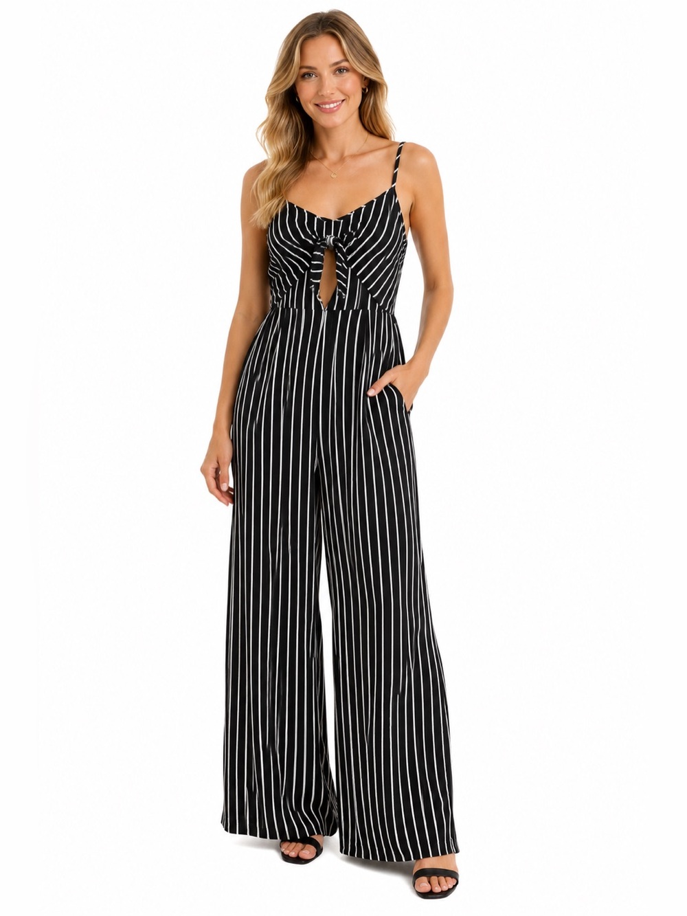Lavender Field Anthropologie Black & White Striped Jumpsuit Overalls Wide Leg Lg